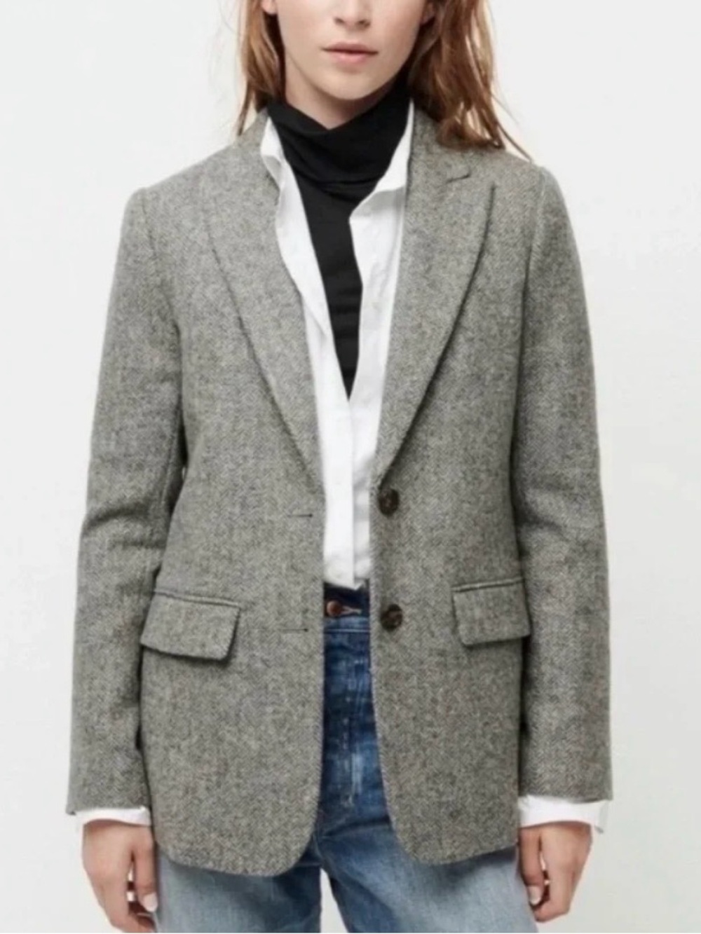 J.Crew 100% Wool Herringbone Blazer Grey Size 4 Excellent Condition